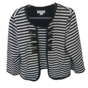 Black White Striped L 3/4 Sleeve Asa Knit Open Blazer Nautical Military 6 Button